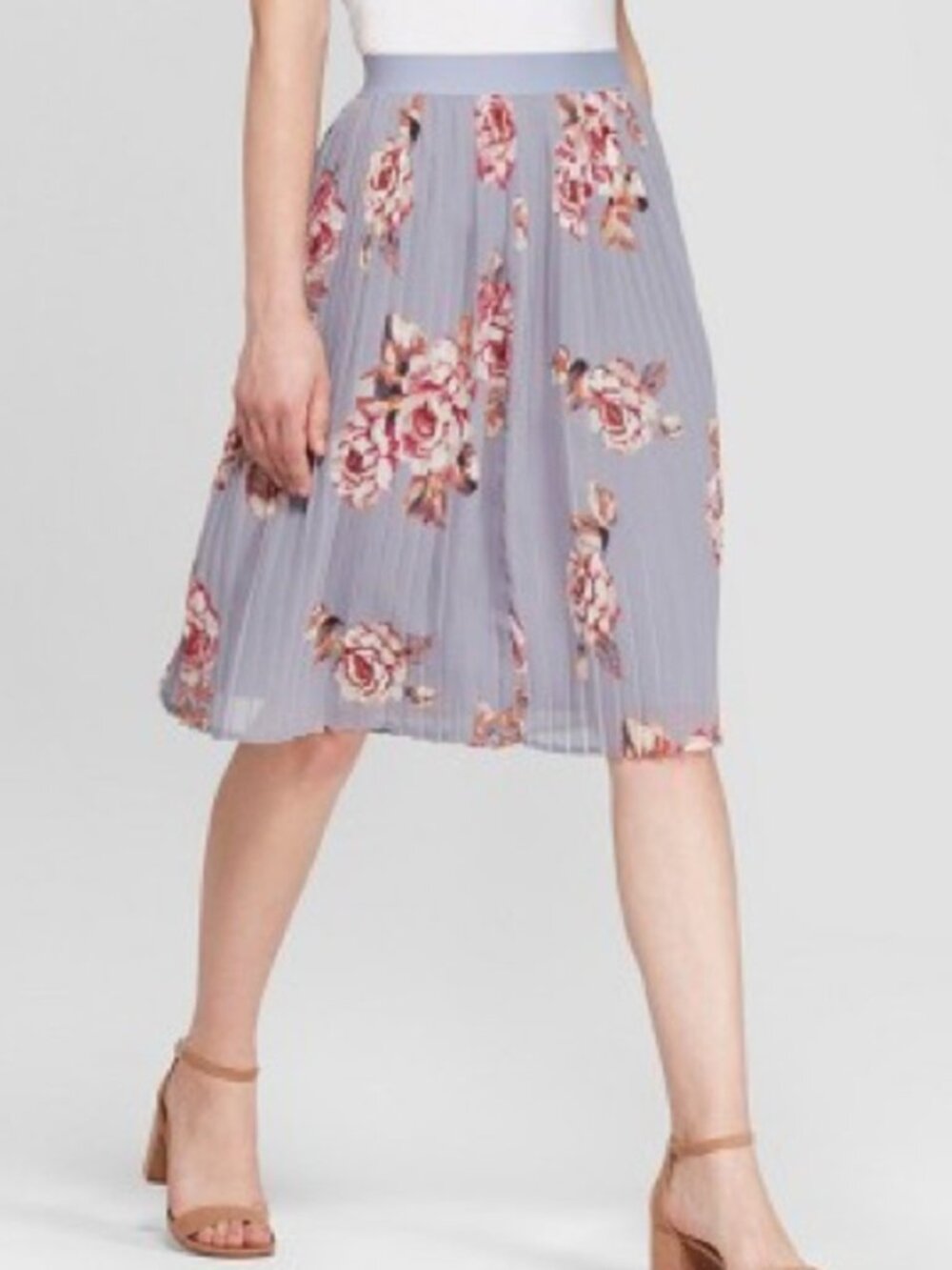 A New Day Blue Pink Floral Pleated Pull On Elastic Waist Lined Midi Skirt Sz XXL